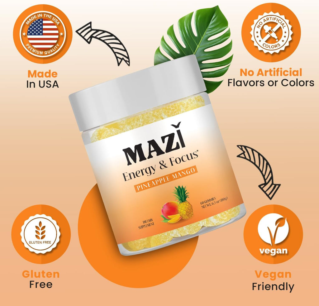 Energy & Focus Gummies | 100mg Natural Caffeine + L-Theanine + Vitamin B6 & B12 + CoQ10 | Nootropic Cognitive Brain Performance Supplement | No Crash or Jitters