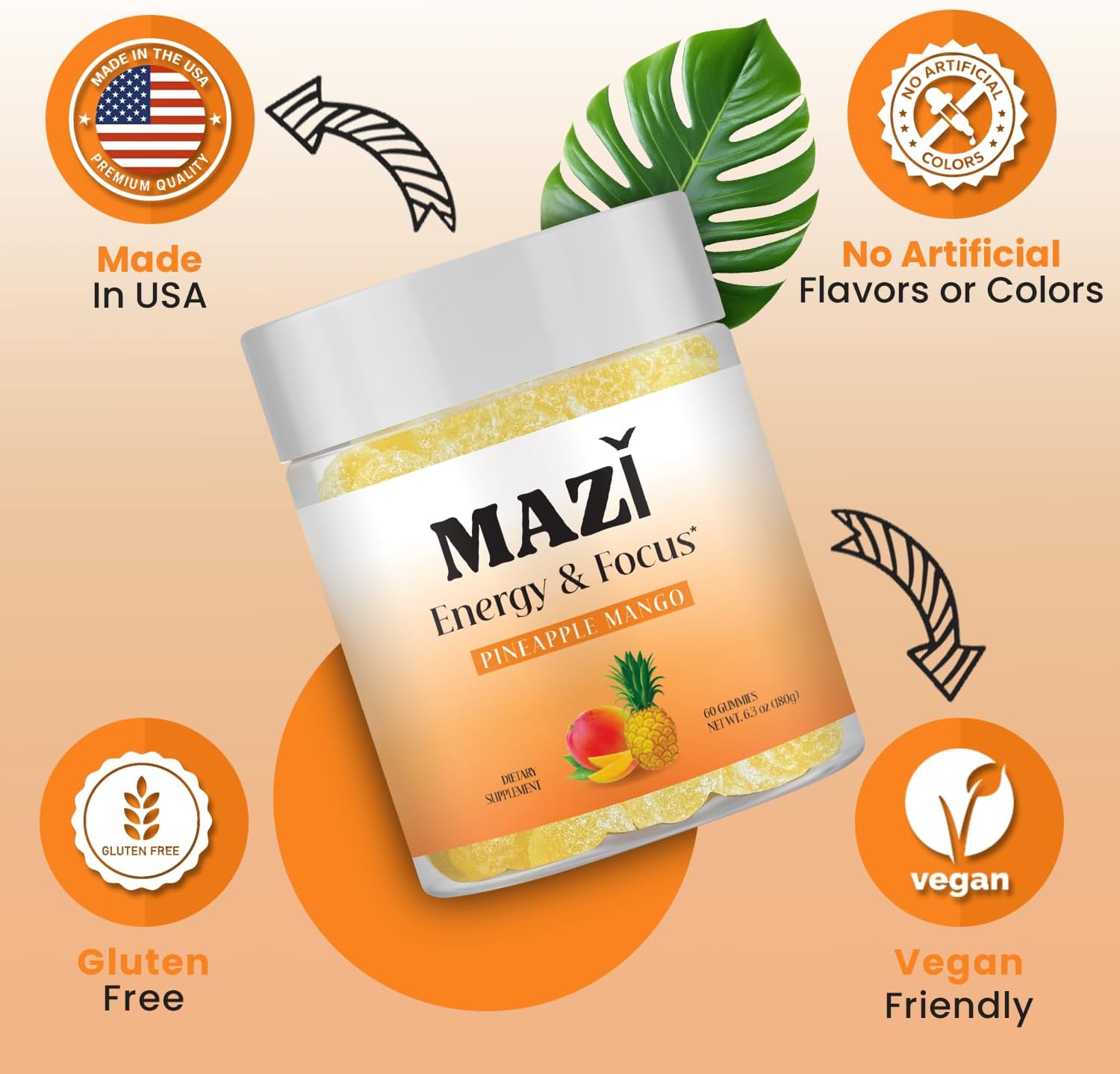 Energy & Focus Gummies | 100mg Natural Caffeine + L-Theanine + Vitamin B6 & B12 + CoQ10 | Nootropic Cognitive Brain Performance Supplement | No Crash or Jitters