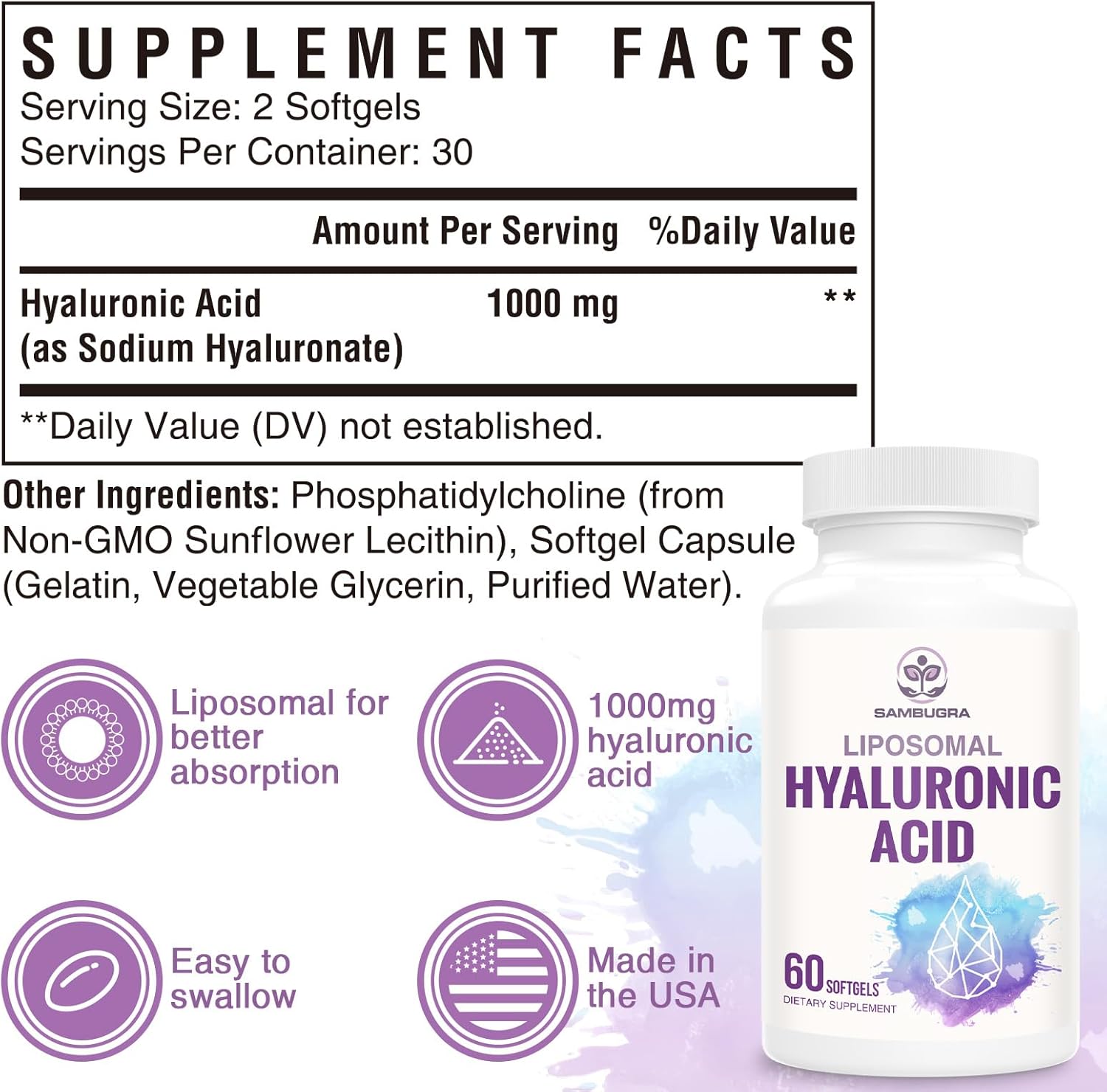 Liposomal Hyaluronic Acid 1000mg, High BioavailabilityHyaluronic Acid Capsules, Dietary Supplement Support Skin and Bones, 240 Capsules (Pack of 4)