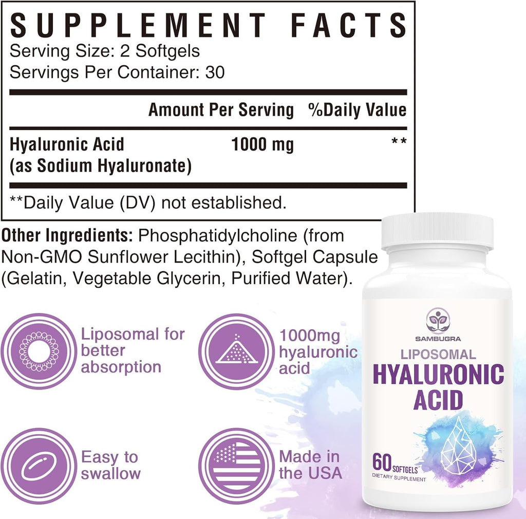 Liposomal Hyaluronic Acid 1000mg, High BioavailabilityHyaluronic Acid Capsules, Dietary Supplement Support Skin and Bones, 120 Capsules (Pack of 2)