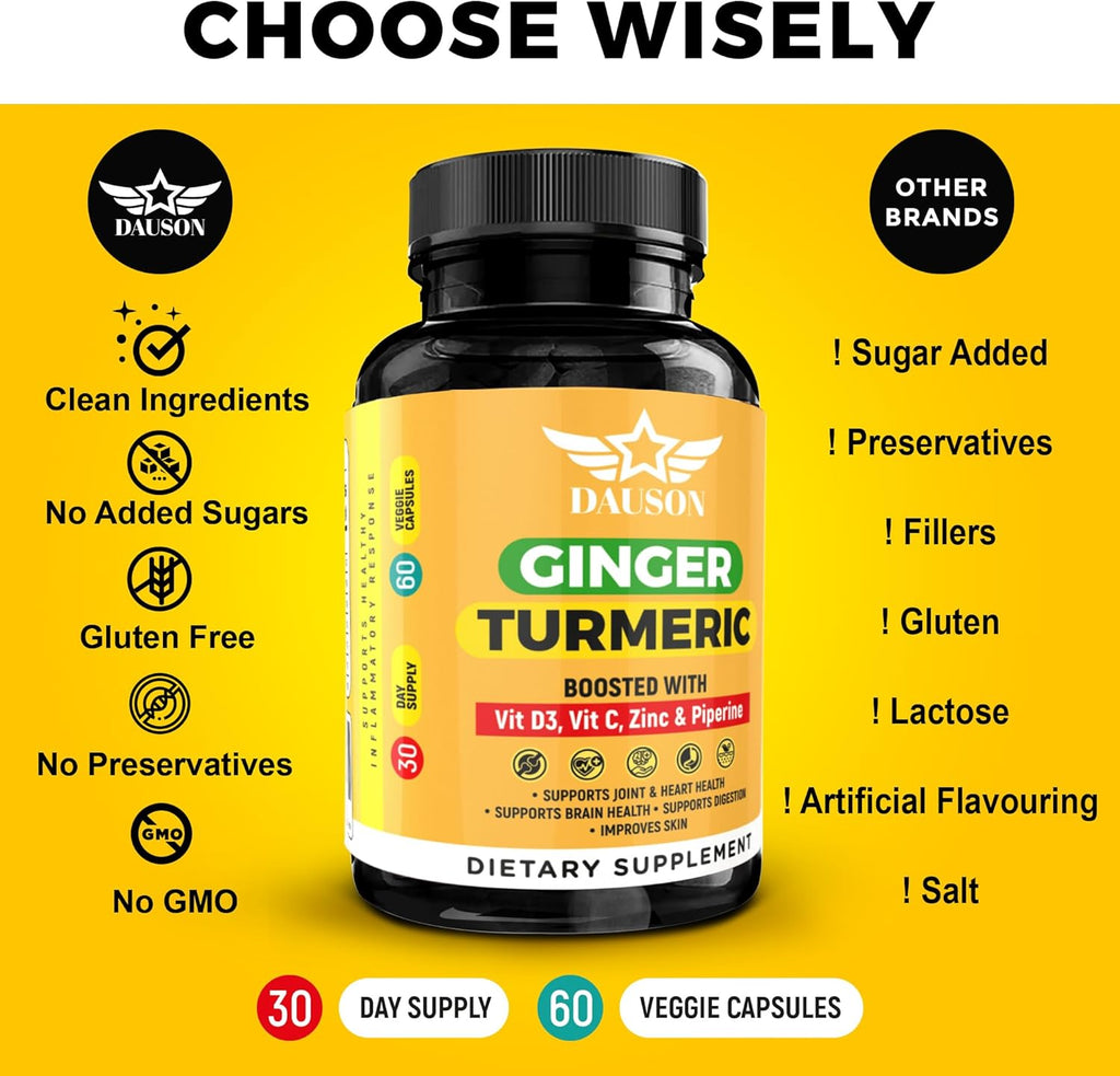 Ginger Turmeric Supplements – Boosted with Piperine, Vitamin D3, Vitamin C, Zinc & Orange | Joint, Gut & Skin Health Support | 60 Capsules | Ayurvedic