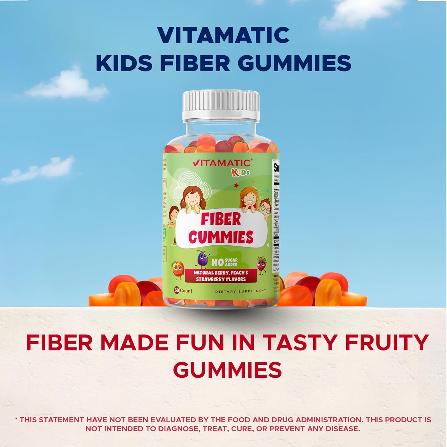 Vitamatic Kids Prebiotic Fiber Gummies – Extra Strength 4g Fiber – Zero Sugar Added – 60 Pectin-Based Gummies – Digestive Health & Regularity Support