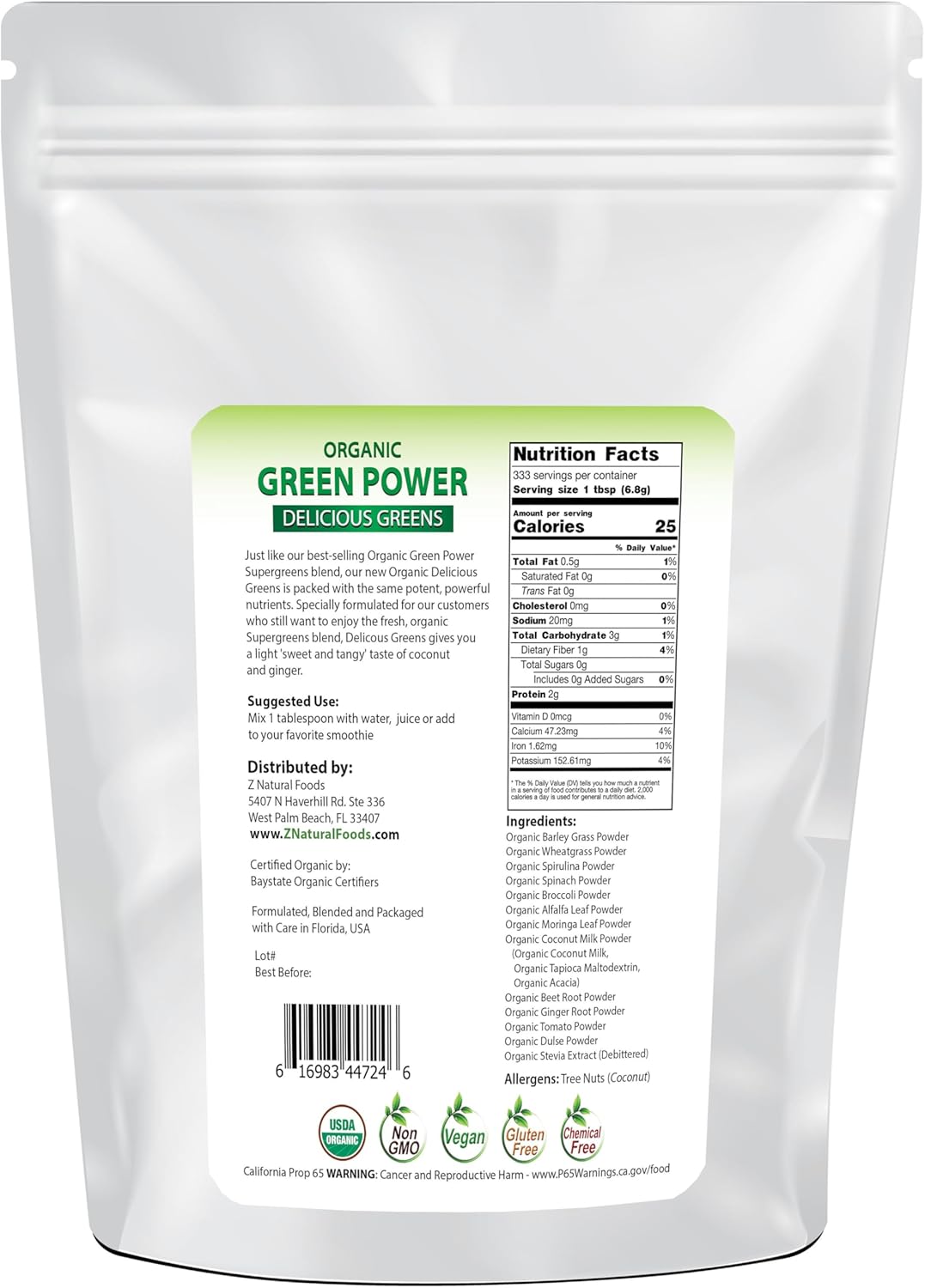 Z Natural Foods Organic Green Powder Supergreens, Superfood Powder, Antioxidant-Rich, Nutrient-Dense Greens Blend, 100% Natural Superfood, Vegan, Gluten Free, Non-GMO, Kosher, 5 Lb