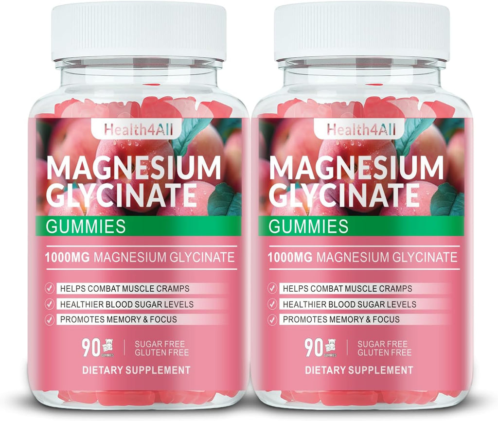 Magnesium Glycinate Gummies 1000mg, High Absorption Sugar Free Magnesium Potassium Supplement for Relaxation, Stress Relief, and Sleep Support for Adults & Kids - 180 Peach Gummies