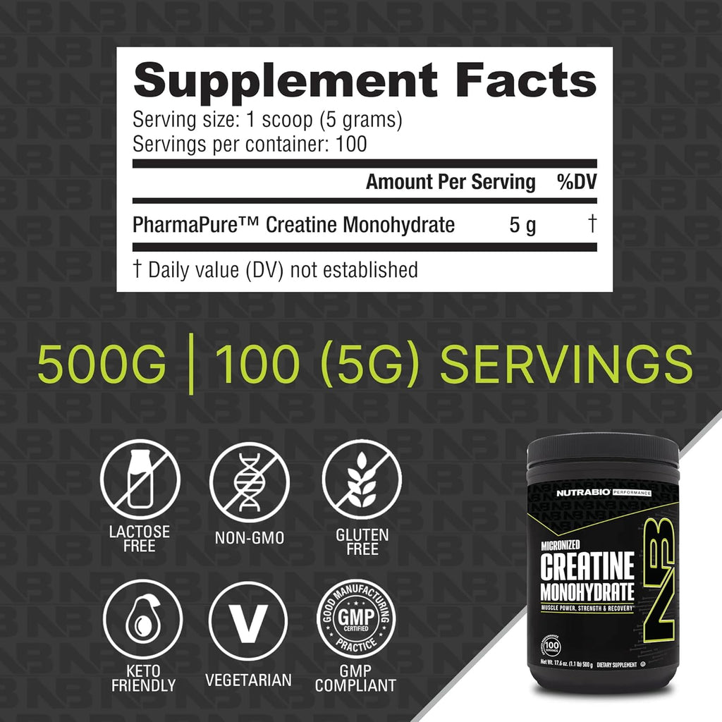 NutraBio Pure Micronized Creatine Monohydrate Powder Supplement, Unflavored, (500 g) - Supports Bulk Muscle Energy, Recovery, and Strength - HPLC Tested Creatine Powder Supplement for Men and Women