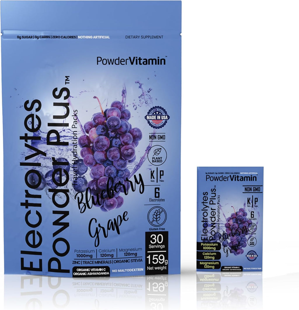 PowderVitamin Electrolytes Powder Plus, Keto, Blueberry Grape, Zero Sugar, 1000mg Potassium, 120mg Calcium, 120mg Magnesium, Non-GMO, Zero Calories, 30 Hydration Packets