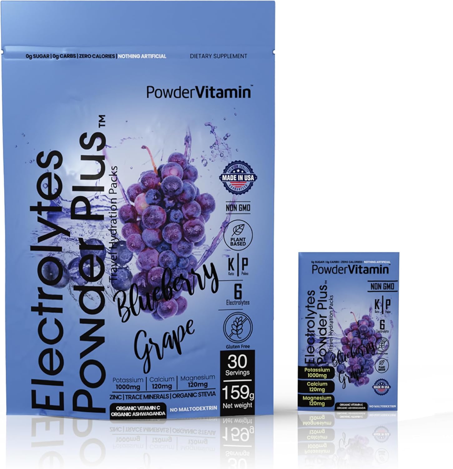 PowderVitamin Electrolytes Powder Plus, Keto, Blueberry Grape, Zero Sugar, 1000mg Potassium, 120mg Calcium, 120mg Magnesium, Non-GMO, Zero Calories, 30 Hydration Packets
