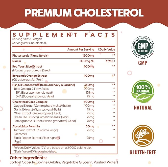 Cholesterol Supplements with Plant Sterols, Niacin, Red Yeast Rice, Citrus Bergamot, Garlic, Cholesterol Supplement Support Normal Cholesterol Levels, 180 Softgels