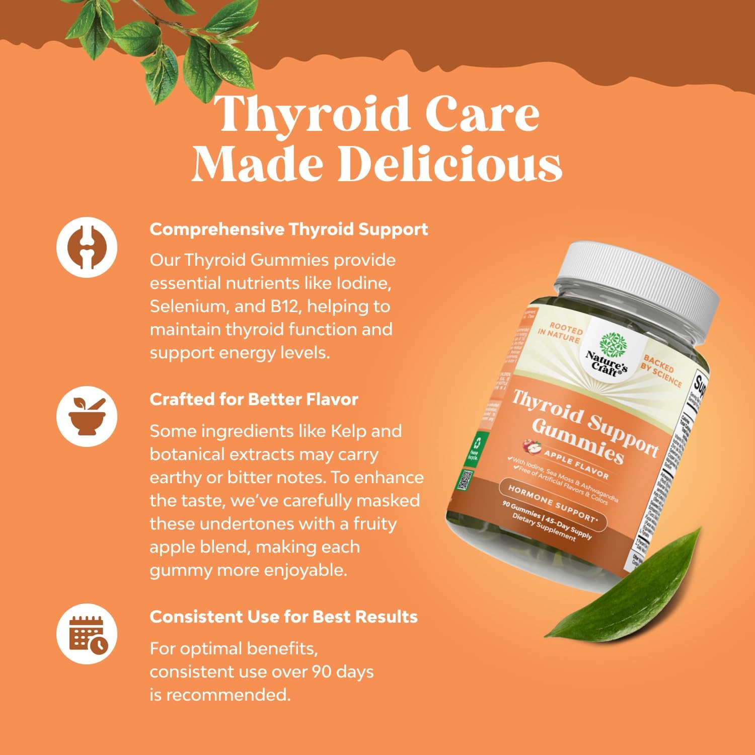 Natures Craft Vegan Thyroid Gummies with Sea Moss - Thyroid Support Gummies for Comprehensive Support for Men and Women with Iodine Selenium and Other Potent Vitamins - Gelatin-Free Non-GMO 90