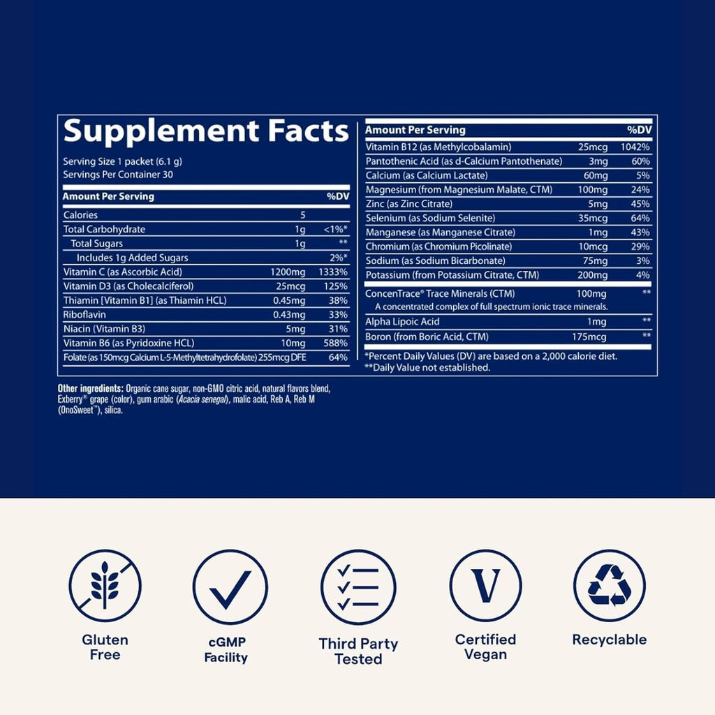 Trace Minerals Power Pak - Daily Health Support Supplement with Vitamins & Minerals - Power Packet Aids Immune Health & Hydration - Mix Powder Supports Bodily Functions - Concord Grape (60 Servings)