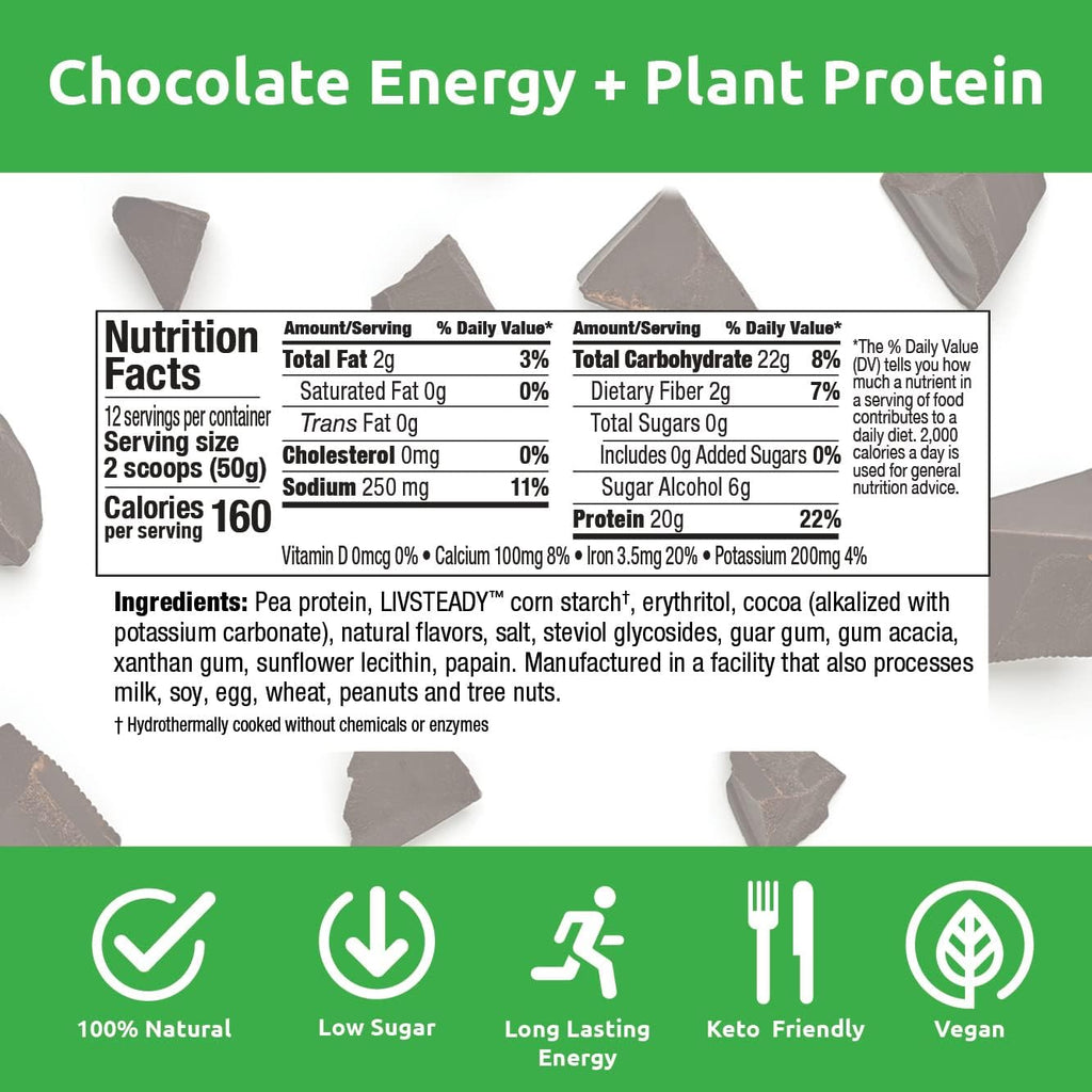 UCAN Energy + Plant Protein Powder - Vegan Plant Based Protein 20g Pea Protein with Amino Acids EAAs & BCCAs - Keto Protein Powder - No Added Sugar, Gluten-Free - Chocolate -12 Servings