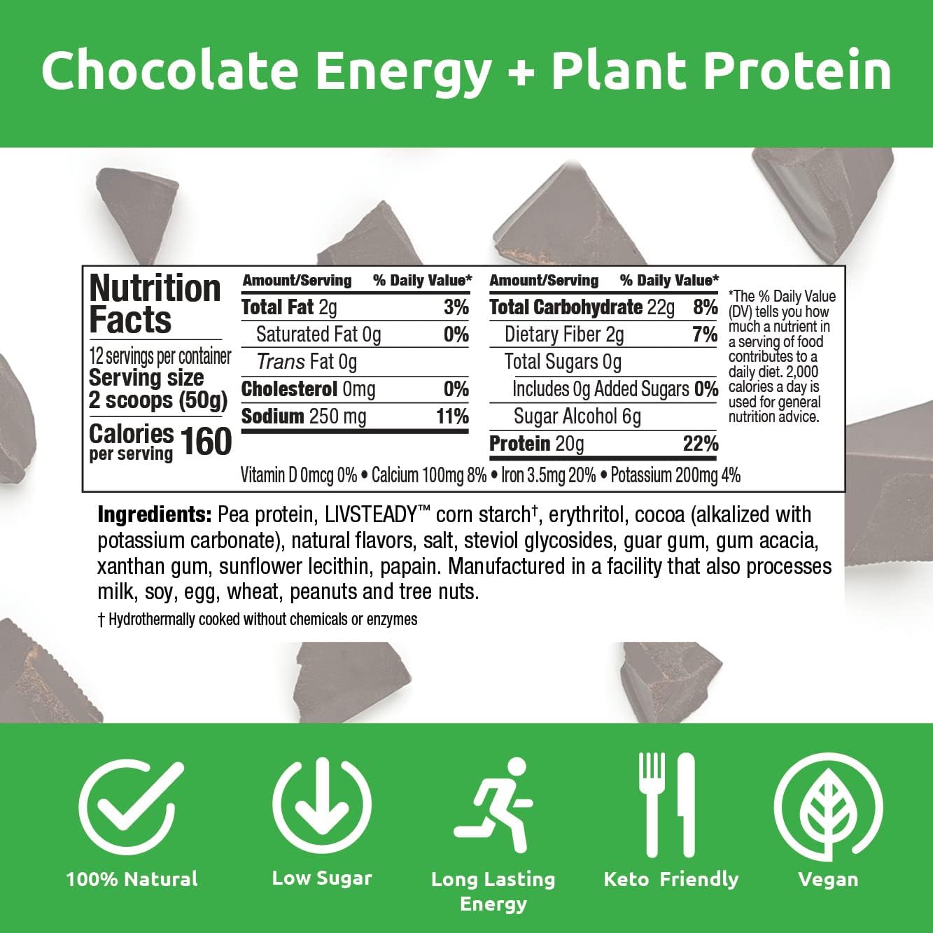 UCAN Energy + Plant Protein Powder - Vegan Plant Based Protein 20g Pea Protein with Amino Acids EAAs & BCCAs - Keto Protein Powder - No Added Sugar, Gluten-Free - Chocolate -12 Servings
