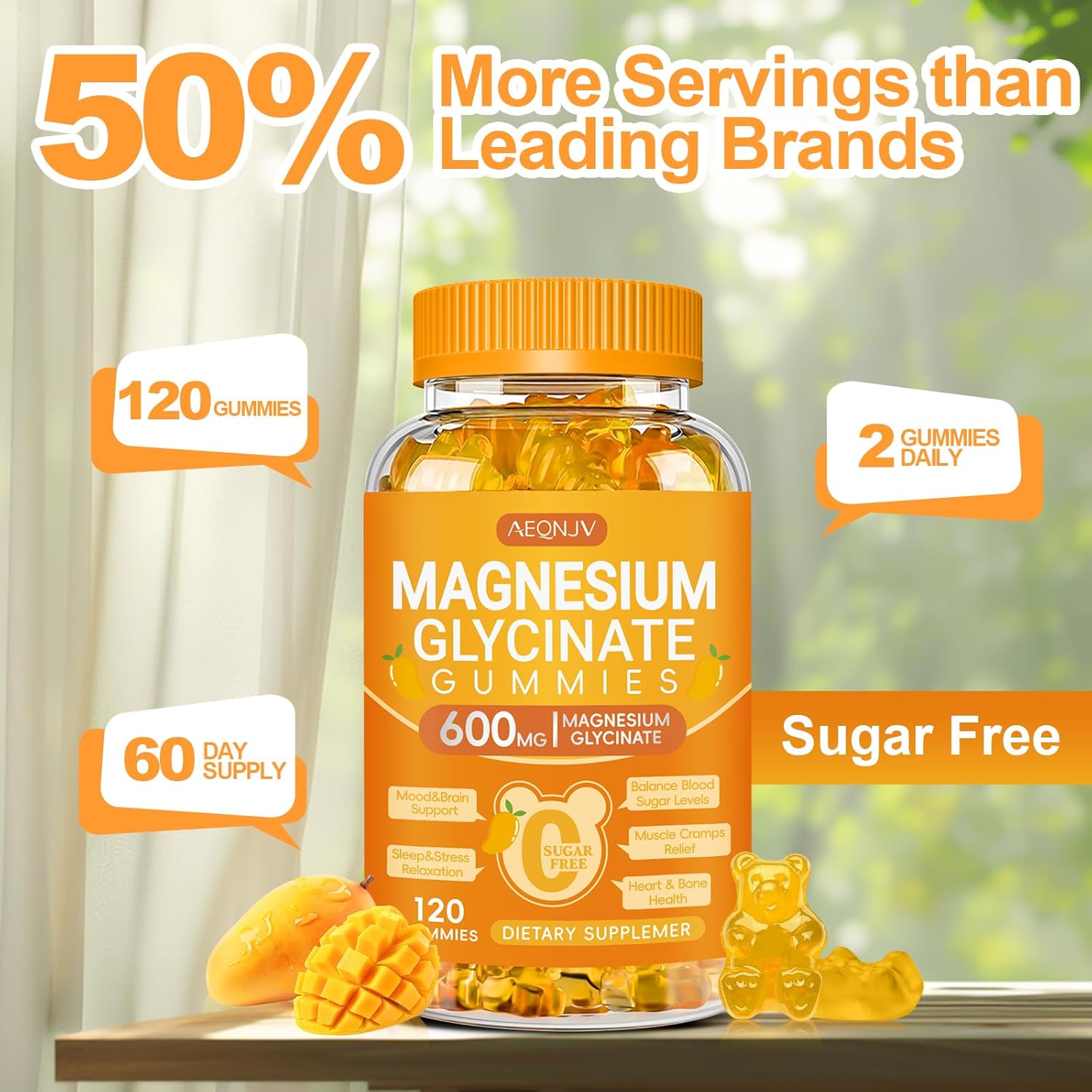 Magnesium Glycinate Gummies 600mg, Chewable Sugar Free Potassium Magnesium Gummies with Magnesium Glycinate, Vitamin D, B6 and CoQ10 for Sleep, Relaxation, Brain & Muscle, 120 Count