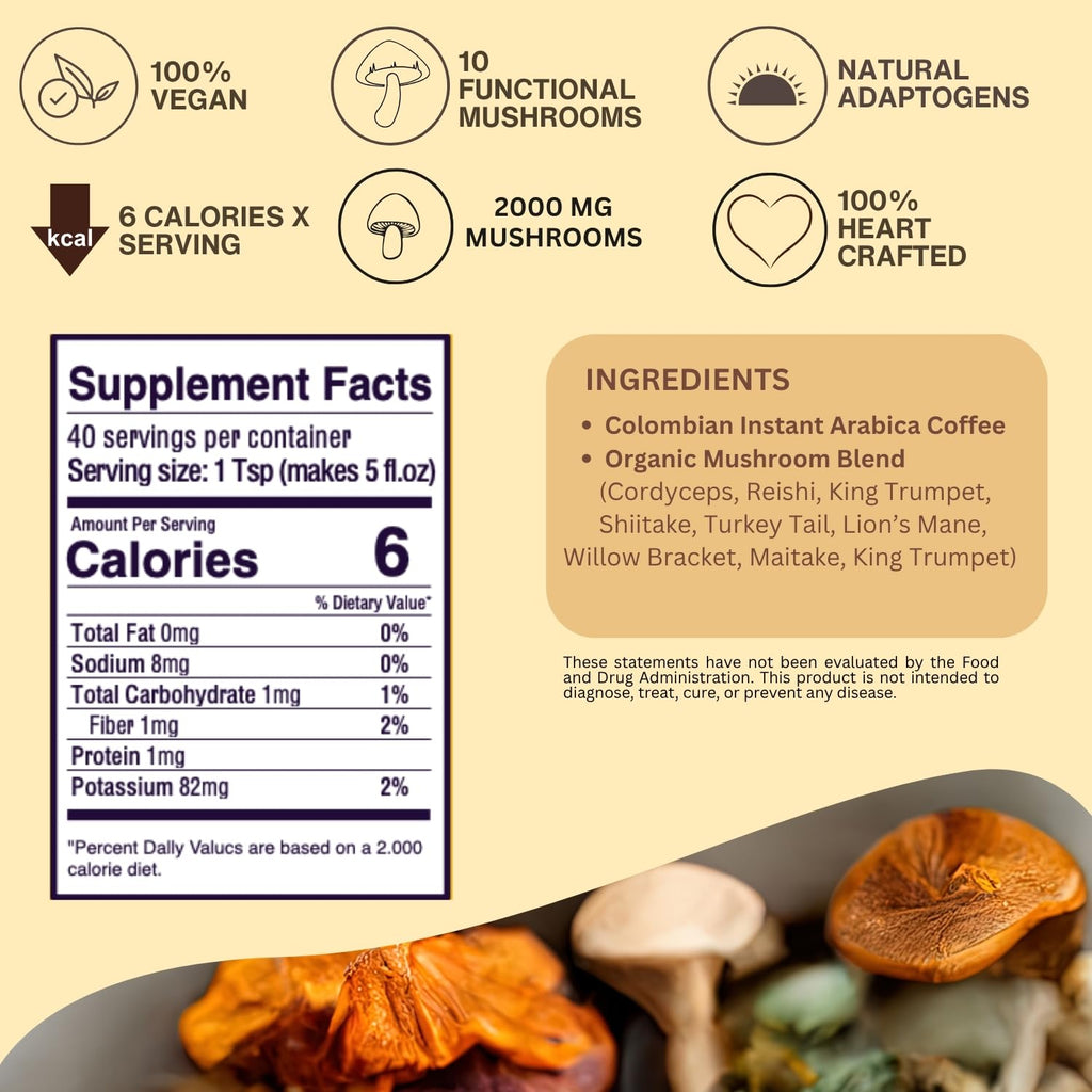 SAYUU 10 Mushroom Coffee Blend - Premium Colombian Coffee with Lion's Mane, Reishi, Cordyceps, Chaga, Maitake, Shiitake & Turkey Tail - Energy, Focus & Immune Support - Organic 40 Servings