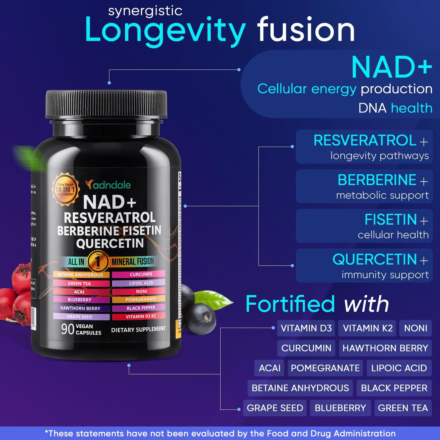 Adndale NAD Supplement, Longevity Formula with NAD, Trans Resveratrol, Quercetin, Betaine Anhydrous, Grape Seed, Fisetin, 180 Capsules