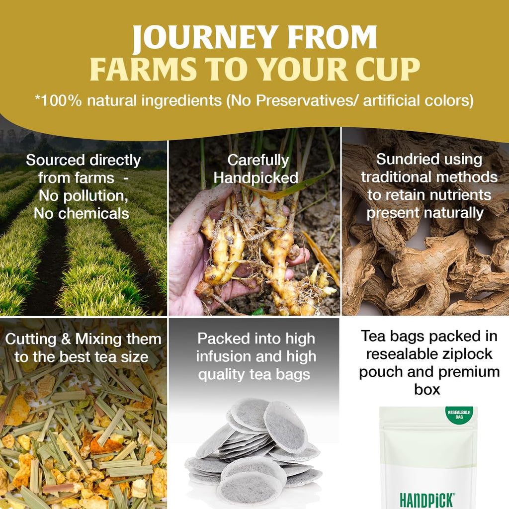 HANDPICK, Lemon Ginger Herbal Tea - 100 Pyramid Tea Bags | 100% Natural Ingredients, Tasty & Citrusy Hand-made Blend of Lemon & Ginger | Caffeine Free, Gluten Free | No Artificial Ingredients
