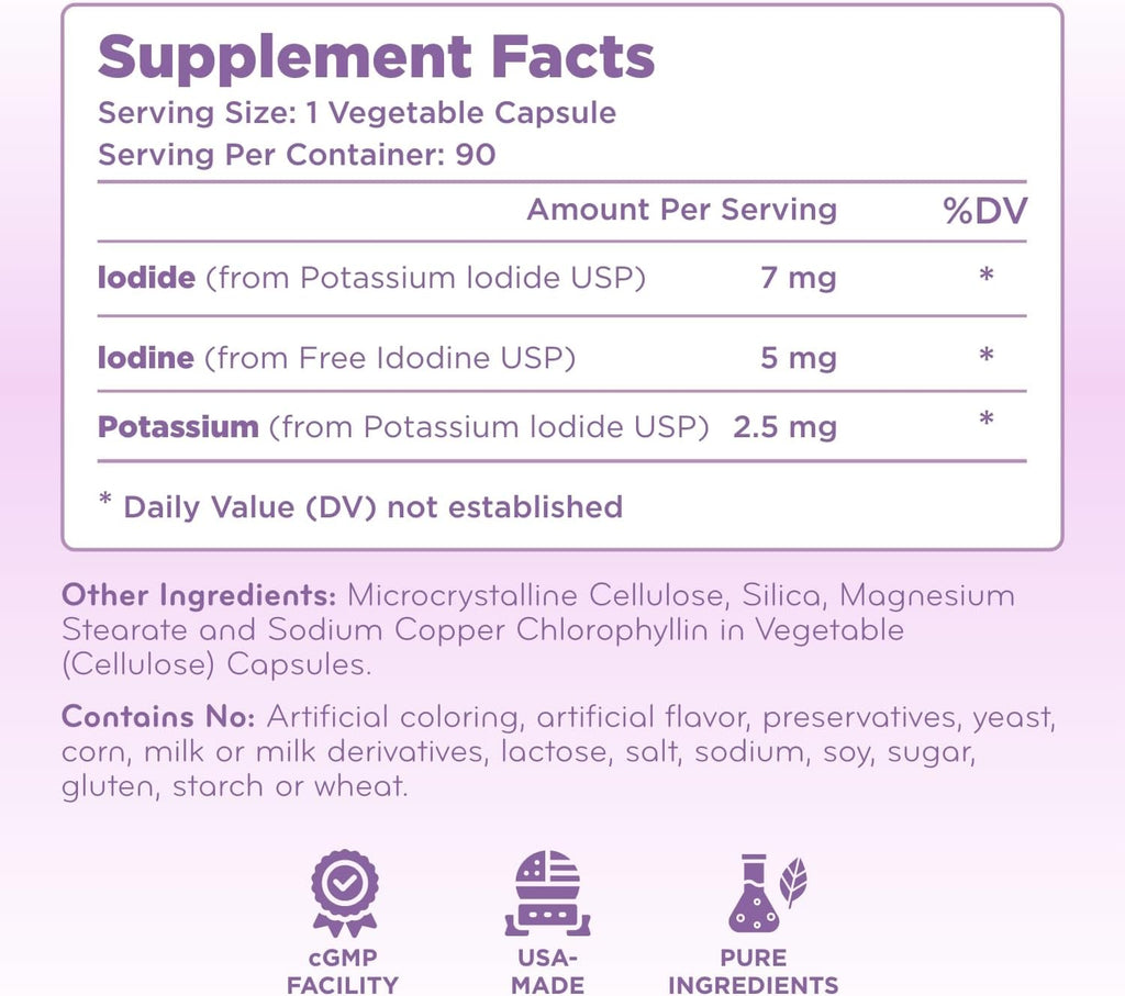 High Potency Potassium Iodine Supplement - Potassium Iodide USP and Free Iodine Capsules 12.5mg Precise Dosage Blend - Capsule Alternative to Lugol's Supplement for Thyroid Energy & Immunity (3 Month)