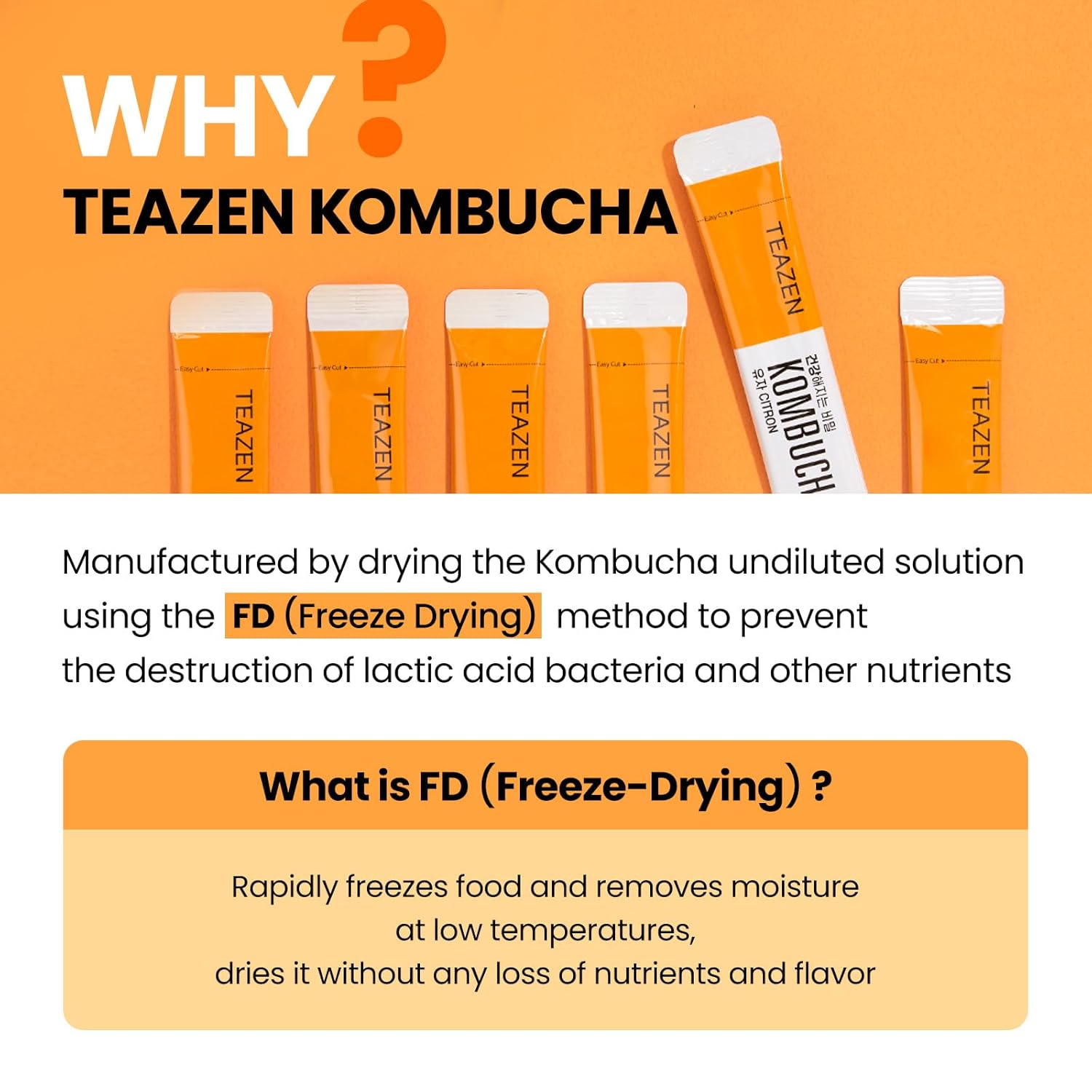 TEAZEN Citron Kombucha Tea, Hydration Drink Mix, Sugar Free, Live Probiotics & Prebiotics, 30 Sticks, 5.29oz