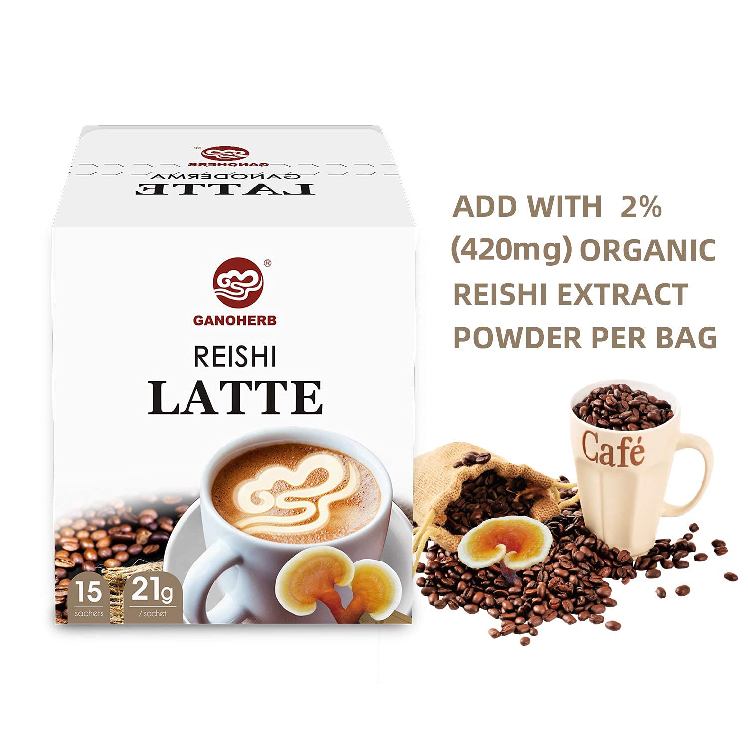 GANOHERB Reishi Mushroom Latte Coffee Powder, 4 in 1 Instant Arabica Coffee with Organic Ganoderma Lucidum Extract to Improve Appetite Stress Relief, Rich Taste Excellent Flavor, 11.1oz (15 Count)