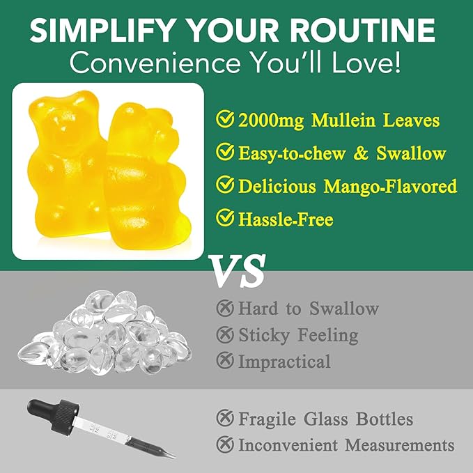 Mullein Gummies for Lung Cleanse 60 Count - 2000 mg Mullein Leaf Extract Gummies with Chlorophyll - Natural Herbal Supplement for Lung Cleanse, Respiratory Support, Boosts Immunity, Digestive Wellness