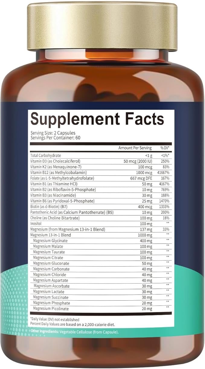 25-in-1 Magnesium Complex with Methylated B Complex, 120 Vegan Capsules per Bottle, 2 Bottles