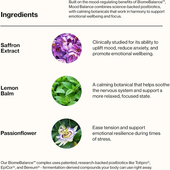 SecondKind Mood Balance – Saffron & Postbiotic Supplement for Stress Relief, Emotional Balance & Mental Clarity – Gut-Brain Formula with BiomeBalance™ – Non-GMO – Made in USA - 60 Capsules