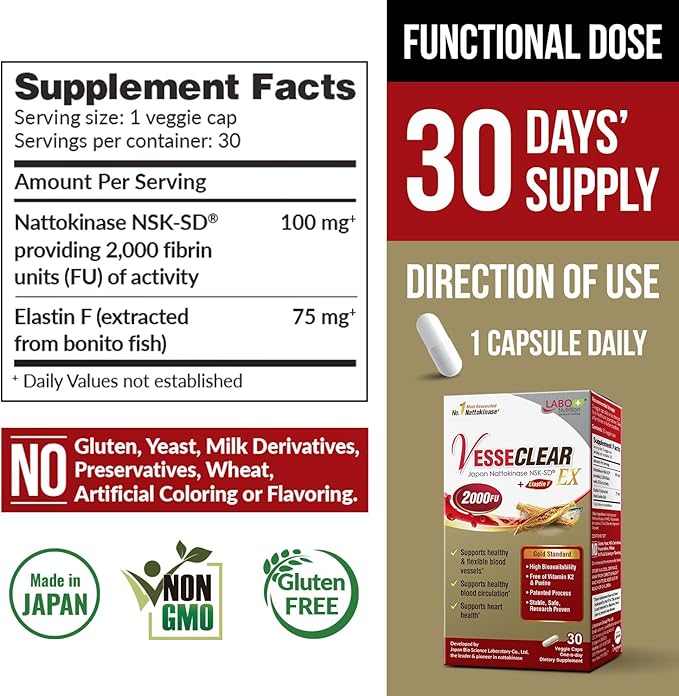 LABO Nutrition VesseCLEAR EX: Artery Cleanse & Elasticity Support Supplement | Blood Pressure, Circulation, Clean Arteries Heart Health Formula | Nattokinase NSK-SD + Elastin F | DR Capsules [3 Pack]
