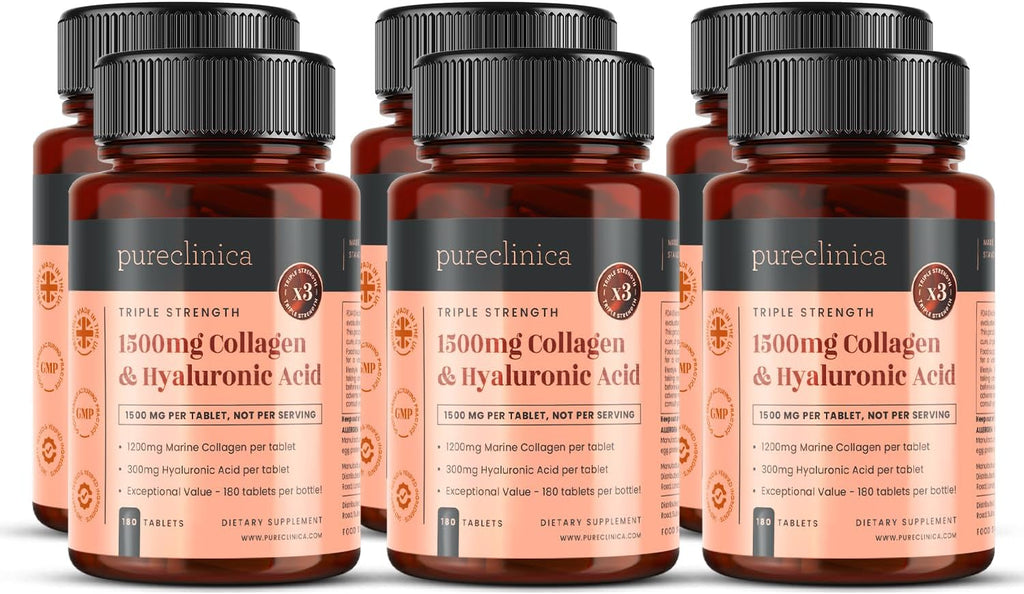 1500mg x 1080 Tablets. 1200mg of UltraColl Collagen & 300mg of Hyaluronic Acid per Tablet. (6 Bottles of 180 Tablets Each - 18 Months Supply)