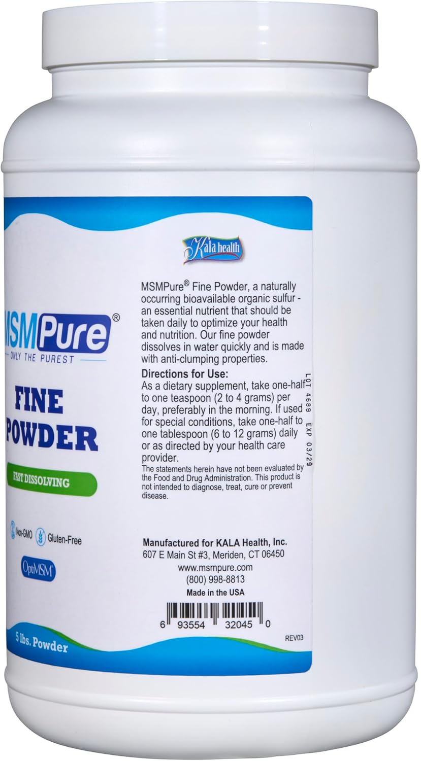 Kala Health MSMPure Fast Dissolving Fine MSM Powder Crystals – US-Made MSM for Joint Health, Skin Appearance, and Hair & Nail Support – 5 lb, Organic Sulfur