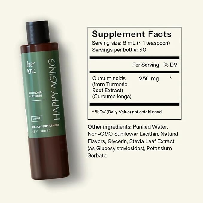 Happy Aging Liver Tonic | Liposomal Curcumin Liquid Supplement | Daily Detox & Antioxidant Support | Supports Healthy Liver Enzymes | Citrus Flavor, 250 mg, 180 mL