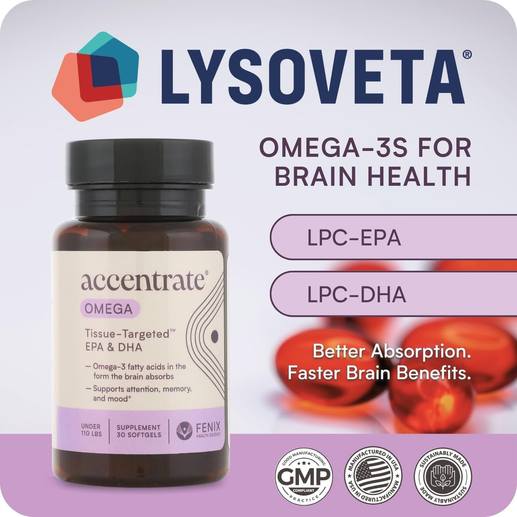 Omega w/LYSOVETA LPC | EPA & DHA Supplements for Brain Health | Focus, Attention, Memory, & Mood | 6X Higher Absorption Than Fish Oil | Omega-3 Fatty Acid Supplements | Highest Potency LPC-DHA