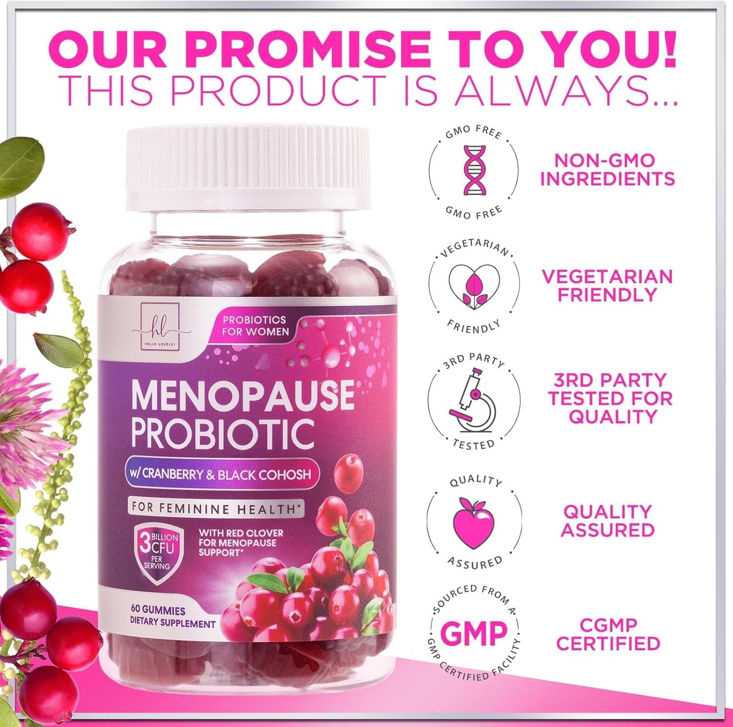 Menopause Supplements for Women Gummies with Black Cohosh, Cranberry 3 Billion CFU Probiotics - Complete Menopause Balance Relief for Hot Flashes, Night Sweats, PH, Vaginal Health Support - 60 Gummies