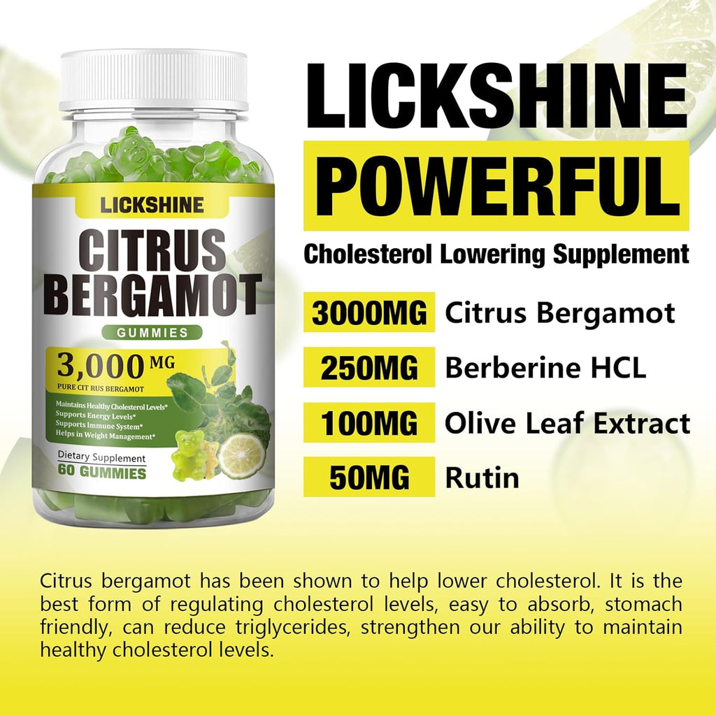 2 Pack 3000MG Citrus Bergamot Gummies - Citrus Bergamot Extract Cholesterol Lowering Supplement for Immune Support Anti-Aging, Hight Cholesterol Sugar-Free Vegan Lime Flavor 120 Cts