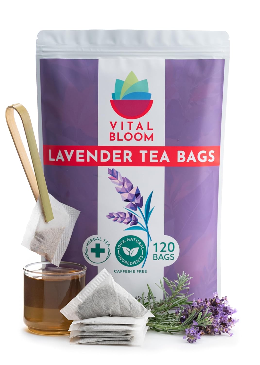 Vital Bloom 120 Tea Bags Lavender Tea, Stress Relief Herbal Tea, Sleepytime Tea, 100% Natural- No Sugar, Caffeine Free, No Gluten, Vegan - Bleach Free (Free Tongs Included)
