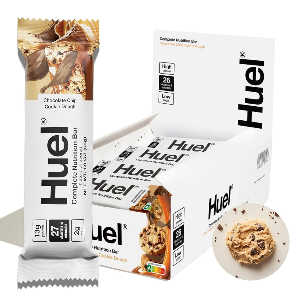 Huel Complete Nutrition Vegan Protein Bars | Cookie Dough | 13g Protein | 27 Vitamins & Minerals, 2g Sugar, Non-GMO, 100% Plant Based Snack | 12 Pack