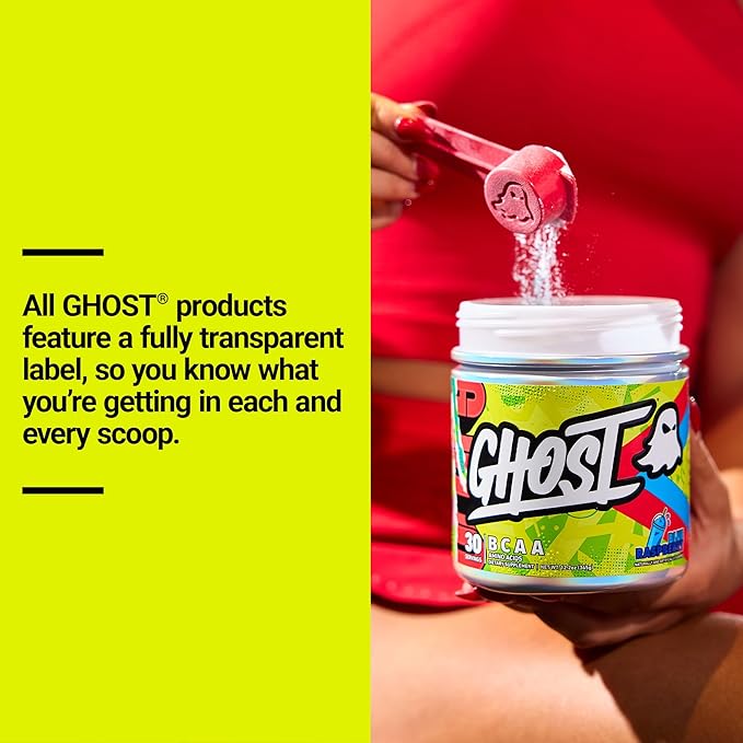 GHOST BCAA Powder Amino Acids Supplement, Blue Raspberry - 30 Servings - Sugar-Free Intra, Post & Pre Workout Amino Powder & Recovery Drink, 7G BCAA