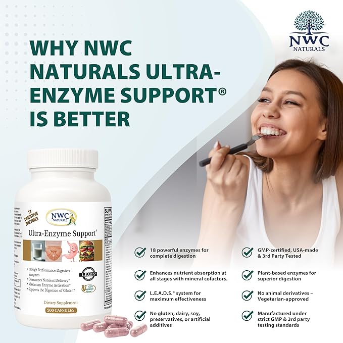 NWC Naturals Ultra-Enzyme Support, Natural Digestive Supplement, Promotes Optimal Health and Digestion, 200 count Capsules