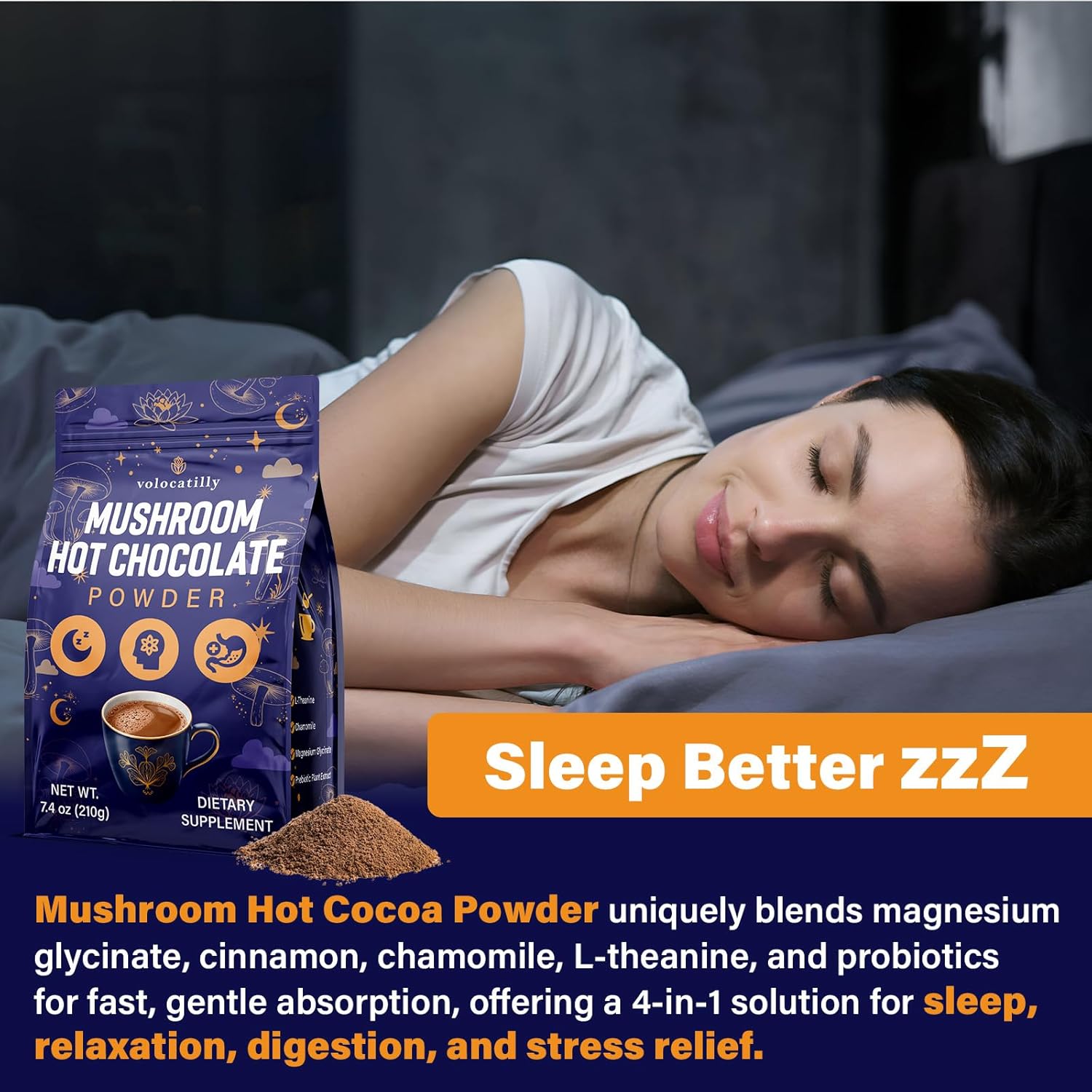 Mushroom Hot Cocoa with Magnesium Glycinate, Reishi, L-Theanine, Ashwagandha, Lemon Balm, Lavender, Cacao Powder Organic Hot Chocolate Supplement for Sleep, Relaxation, No Melatonin, Vegan, 7.4oz