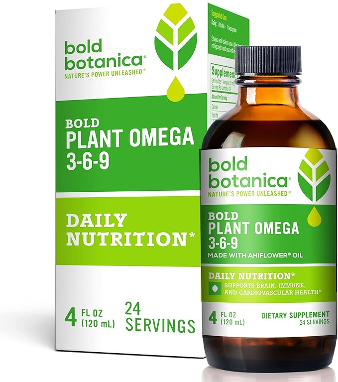 Bold Botanica Plant Vegan Omega 3-6-9 with Ahiflower Oil, Omega 3 Liquid Supplement for Women & Men, Plant-Based Omegas for Brain & Immune Health, Better Than Flax, Fish Free, Sugar-Free, 4 fl oz