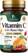 Vitamin C Chewable 1000mg - Extra Strength Antioxidants for Powerful Immune Support w/Vitamin C & Rose HIPS - Potent Dietary VIT C Chews Supplement, Natural, Vegan, Gluten-Free, Non-GMO - 60 Tablets