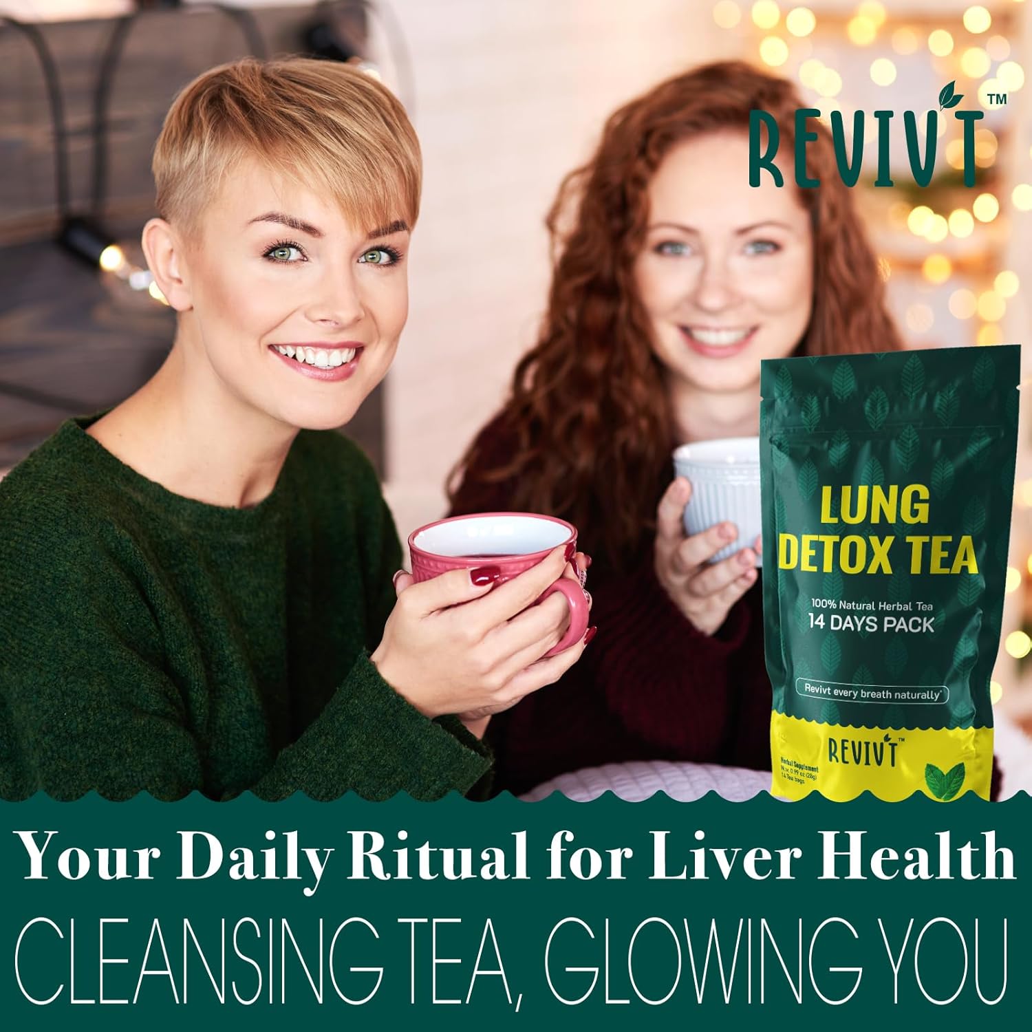 REVIVT Lung Detox Tea - Natural Lung Cleanse & Respiratory Support, Herbal Blends with Mullein Leaf, Eucalyptus, Thyme, Peppermint, Caffeine Free, 14 Day Supply