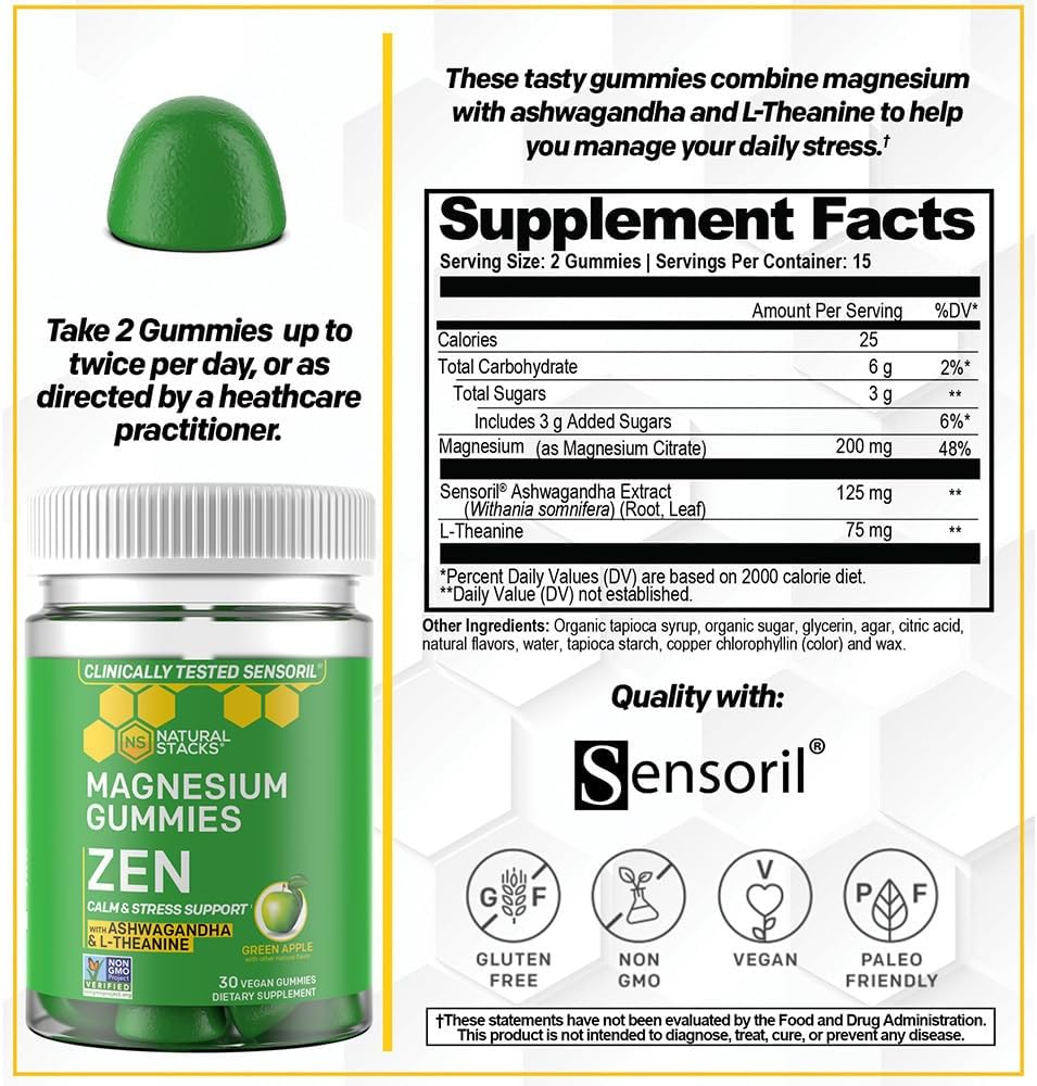 Zen Magnesium Gummies - 200mg Magnesium Citrate & 125mg Sensoril Ashwagandha Gummies - with L Theanine for Calm & Stress Support - Mag Citrate and Ashwagandha Supplement - 30 Green Apple Chewables