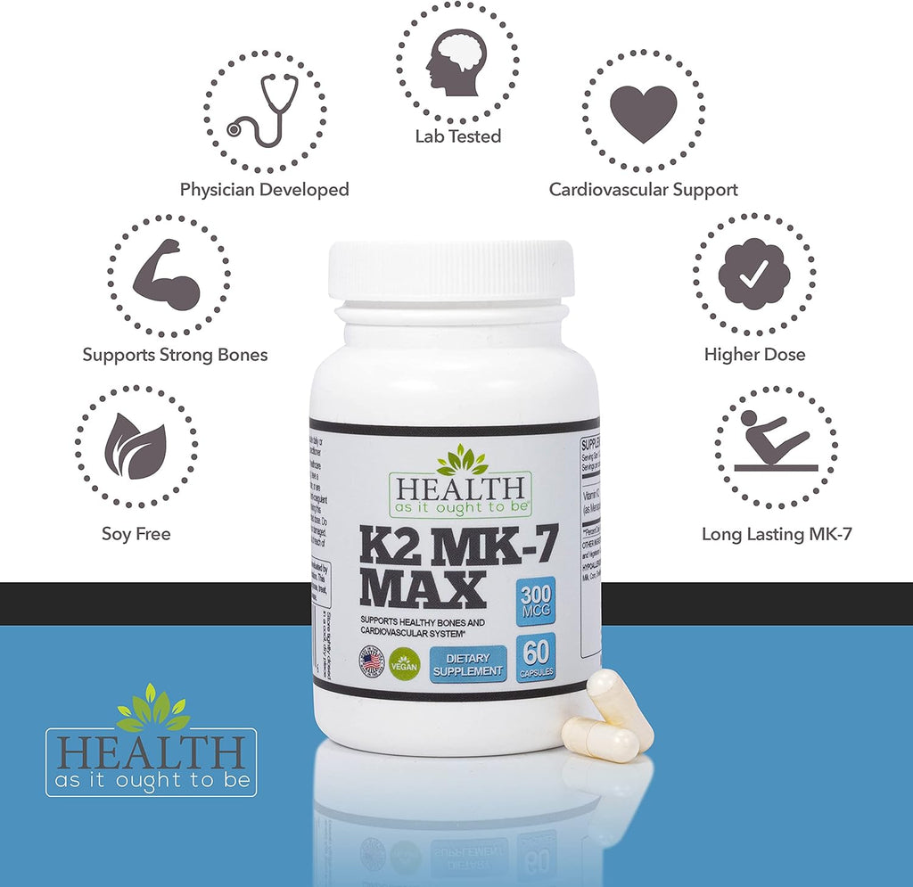 Health As It Ought To Be Vitamin K2 MK7 MAX Extra Strength 300mcg Supplemeny | Soy Free, Proven Bioavailability & Safety | 60 Capsules