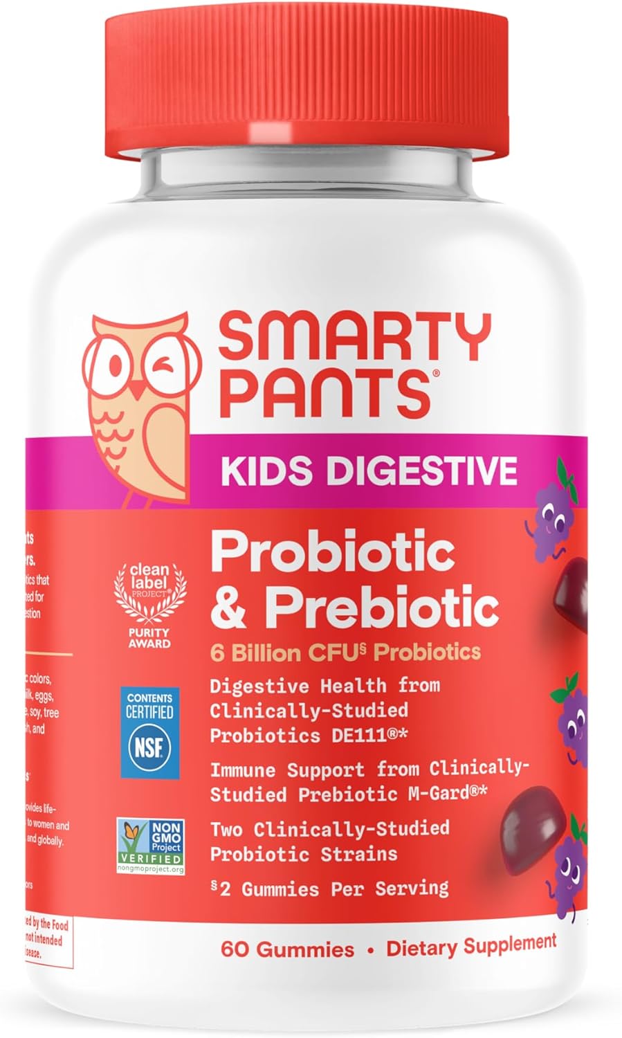 SmartyPants Kids Probiotic & Prebiotic Gummies for Digestive Health: Gut Health Supplement, Clinically Studied Prebiotic for Immune Support, Grape, 60 Count (30 Day Supply)