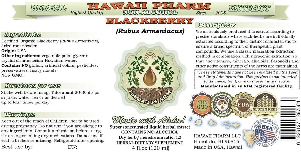 BlackBerry Alcohol-Free Liquid Extract, BlackBerry (Rubus Armeniacus) Root Glycerite Hawaii Pharm Natural Herbal Supplement 64 oz