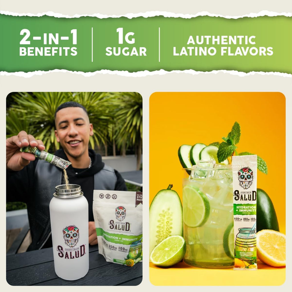 Salud 2-in-1 Hydration Packets + Immunity Electrolytes Powder, Cucumber Lime - Agua Fresca Drink Mix, Elderberry, Dairy & Soy Free, Non-GMO, Gluten Free, Vegan, Low Calorie, 1g Sugar (15 Servings)
