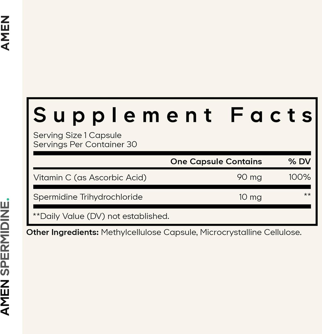 Amen Spermidine Supplement - Spermidine Trihydrochloride Pills with Vitamin C Ascorbic Acid - Only 1 Capsule Per Serving - Vegan, Non-GMO, Gluten-Free - 30 Capsules