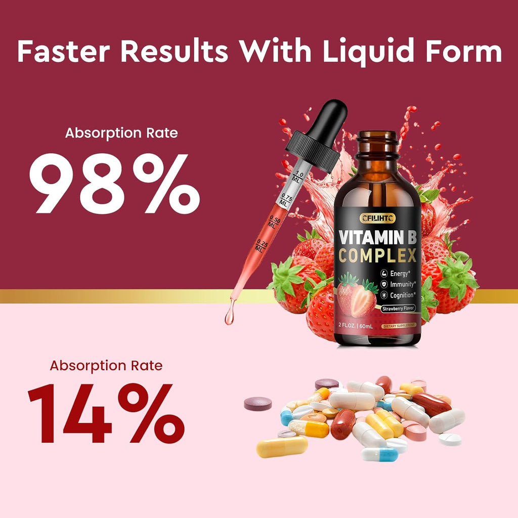Vitamin B Complex Liquid Drops, B Vitamins Complex Supplement with B1, B2, B3, B5 B6, B7, B9 & Methyl B12 Drops for Adults & Kids, Vegan, Strawberry Flavor