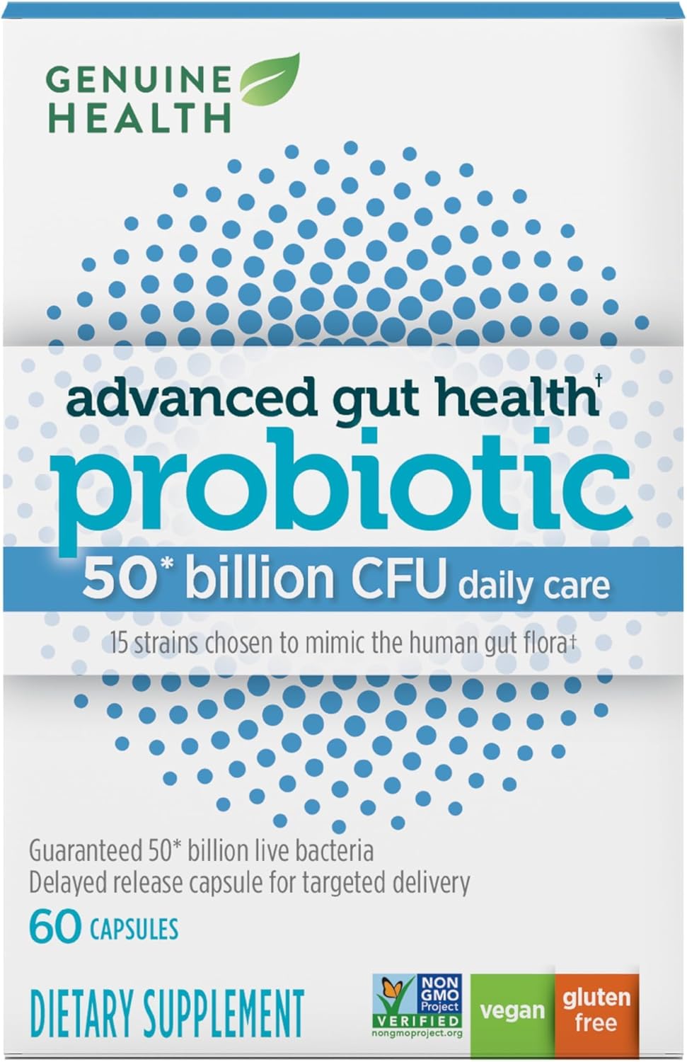 Genuine Health Probiotics, 50 Billion CFU, Daily Care, 15 Diverse Strains, Soy Free, Gluten Free, Vegan Delayed-Release Capsules for Advanced Gut Health (60 Count)