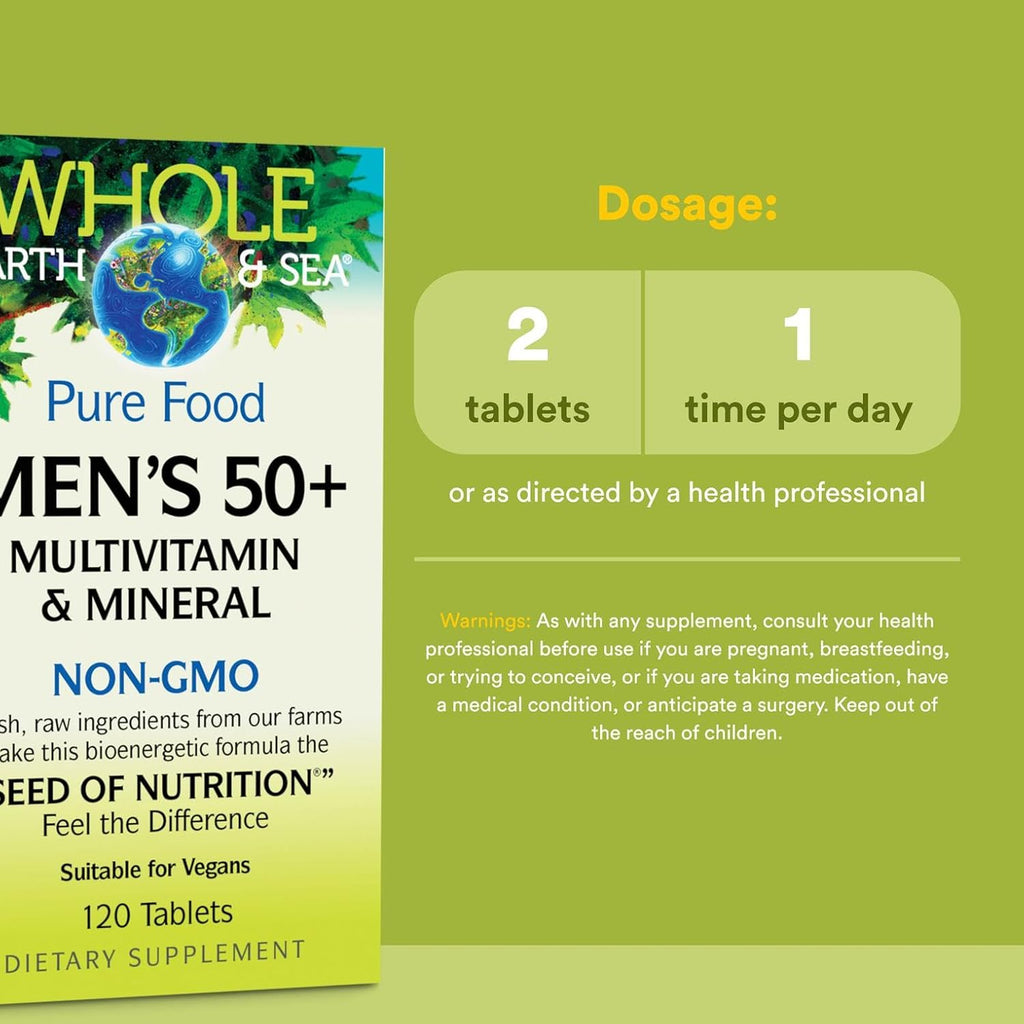 Natural Factors Whole Earth & Sea Men's 50+ Multivitamin & Mineral, 1 Serving Contains Nutrition Equivalent to ½ lb of Veggies, 120 Tablets